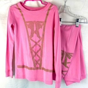 Hanna Anderson Girls Pajama Set size US 6-7 Long Sleeve All Cotton Pink & Silver